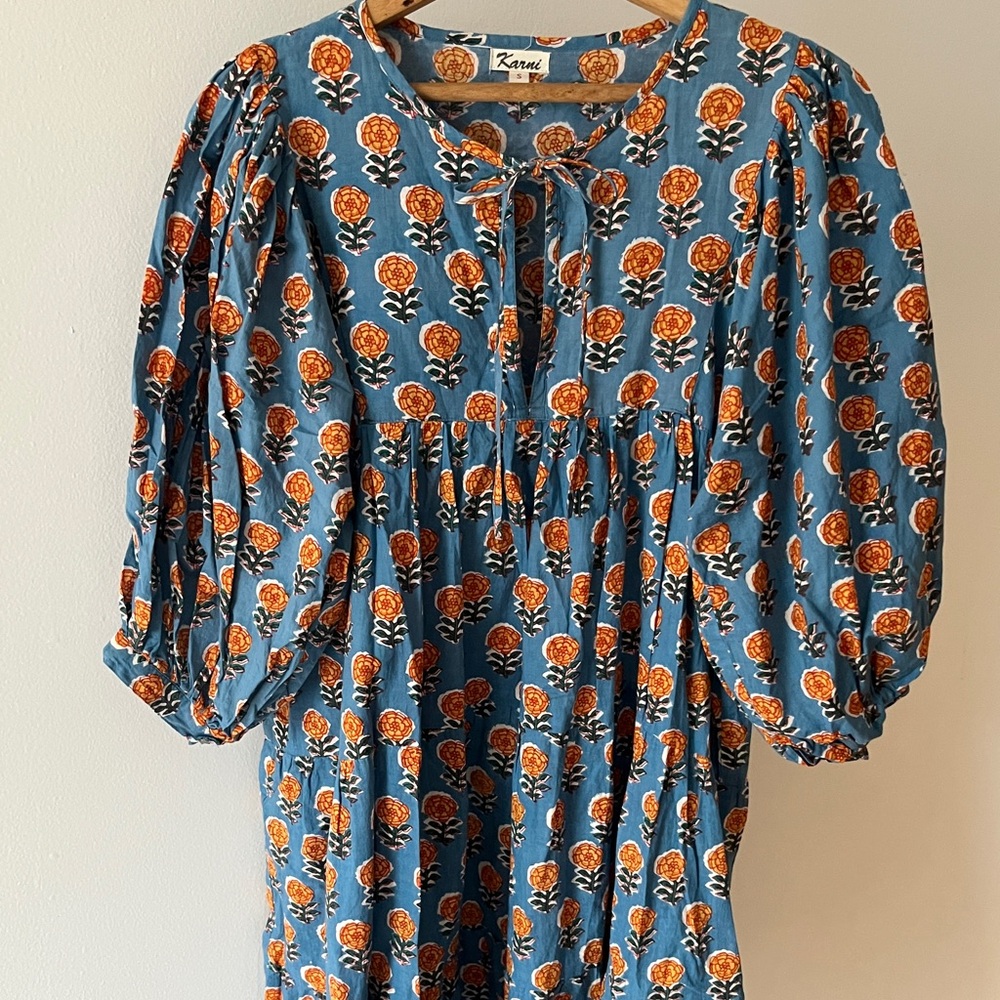 Cheerful and Folksy Block Print Marigold Floral Babydoll Dress with Puff Sleeves